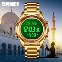 SKEMI-1667 MUSLIM AZAN CLOCK WATCH FOR PRAYER WITH QIBLA COMPASS, AZAN ALARM, HIJRI CALENDAR, ISLAMIC AL HARAMEEN FAJR TIME WRISTWATCH