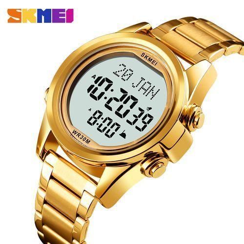 SKEMI-1667 MUSLIM AZAN CLOCK WATCH FOR PRAYER WITH QIBLA COMPASS, AZAN ALARM, HIJRI CALENDAR, ISLAMIC AL HARAMEEN FAJR TIME WRISTWATCH